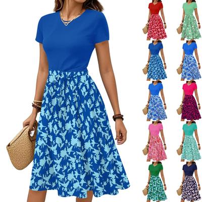 Women's Casual Fashion Belted Floral Print Short Sleeve Round Neck Elegant Dress