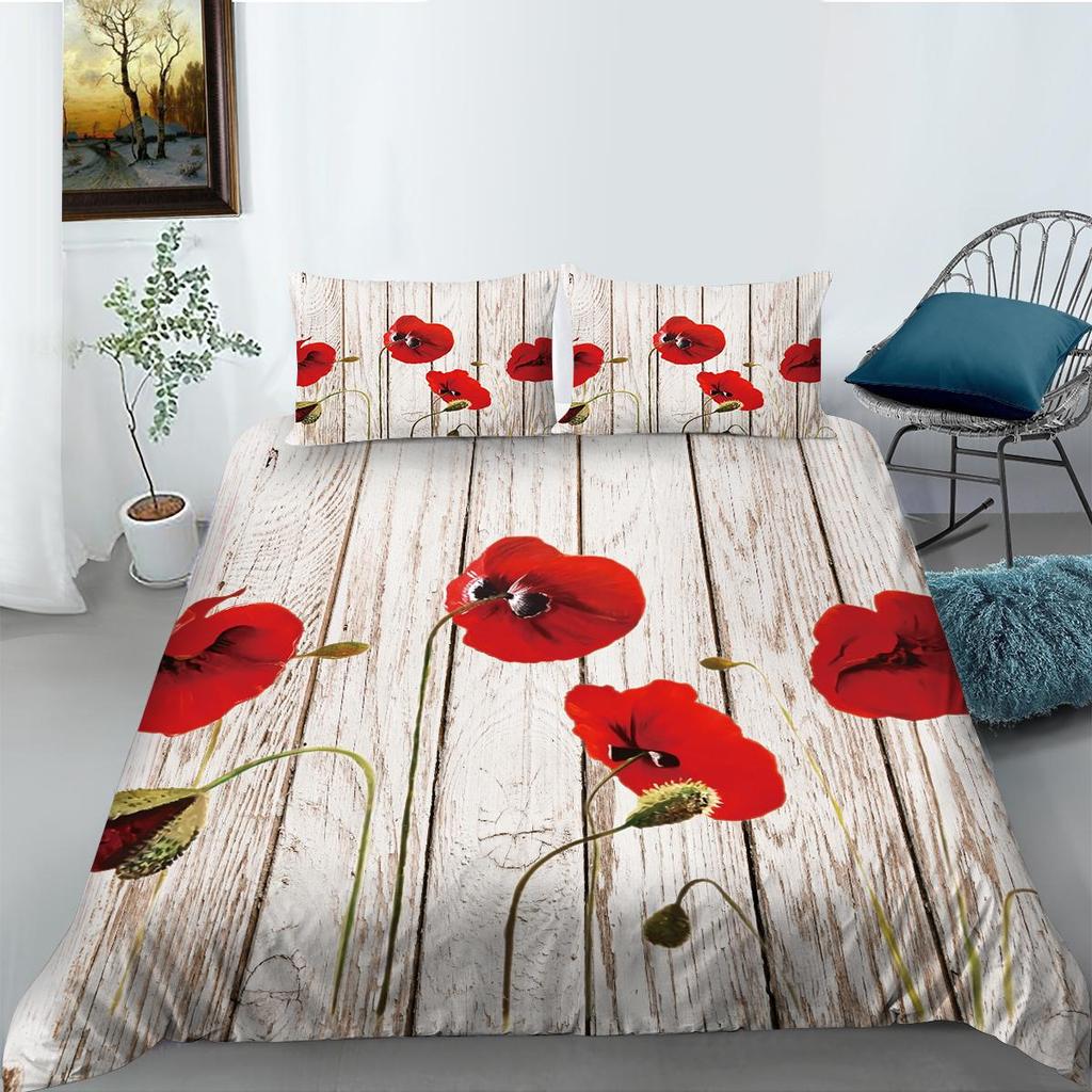 3D Ink Flower Series Bedding Set with Classical Flower Painting Style Quilt and Pillow Covers 2/3 Pieces of Microfiber Fabric Soft Home Decoration