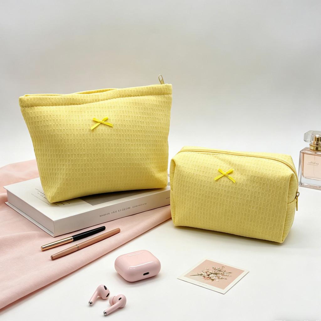 Waffle Makeup Bag With Butterfly Bow For Travel And Home Storage