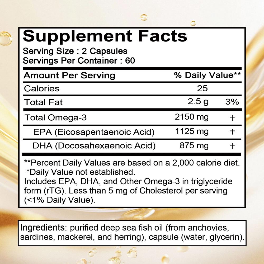 Omega-3 2150 mg Nahrungsergänzungsmittel, mit 1125 mg EPA und 875 mg DHA, 120 Weichkapseln pro Flasche