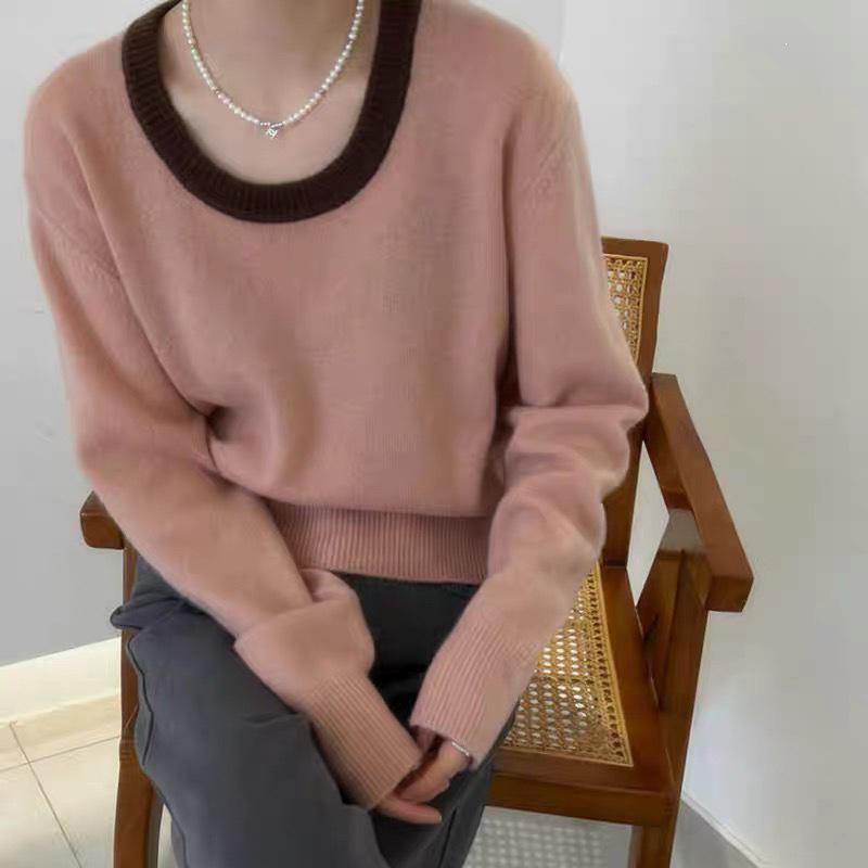 Women's U-Neck 100% Wool Korean-Style Chic Sweater - Autumn/Winter Collection