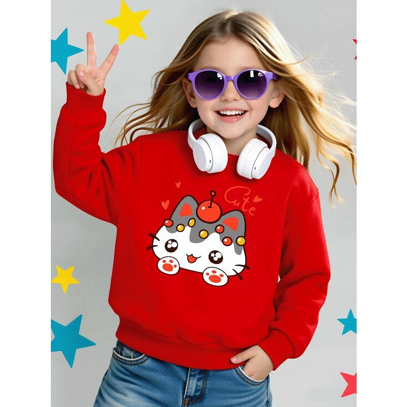 European sizes Girls' Soft Crewneck Sweatshirt Cute Cat with Cherry & Hearts Print, Casual All-Match, Ideal Holiday Present