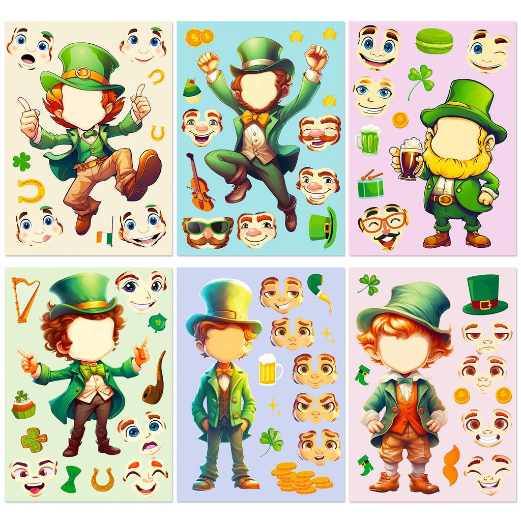 6 Pieces of St. Patrick's Day Stickers Puzzle Face Change Personality DIY Waterproof Stickers