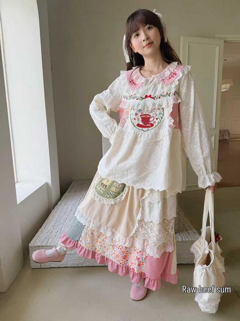 Retro Forest Corduroy Irregular Patchwork Embroidered Lace Midi Skirt - Fleece-Lined for Autumn & Winter