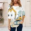 Women Plus Size Round Neck 3 4 Sleeve T Shirt Cartoon Construction Vehicle Printed Curved Hem Top