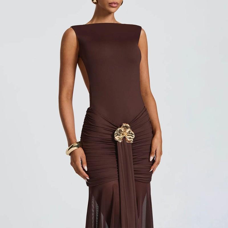 

European American Style New Sexy Sleeveless Back Pressure Pleated Bag Hip Long Dress Temperament Streamer Split S коричневый