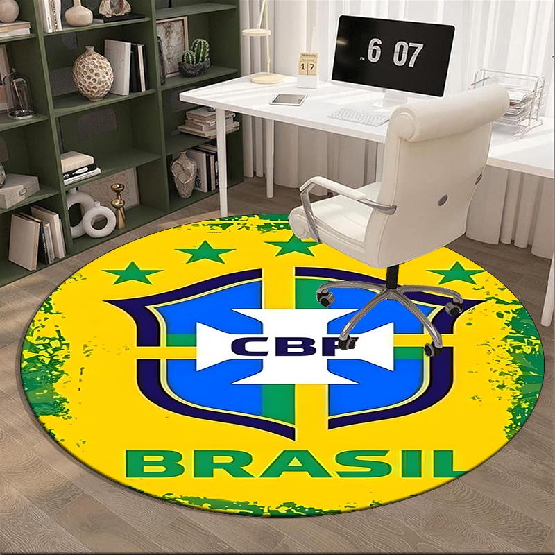 1PC round rug Brazilian Football Emblem Printed Round Area Rug ,Rug For Home Office, Round Chair Rug, Decorative Carpet Fan gifts Christmas gift