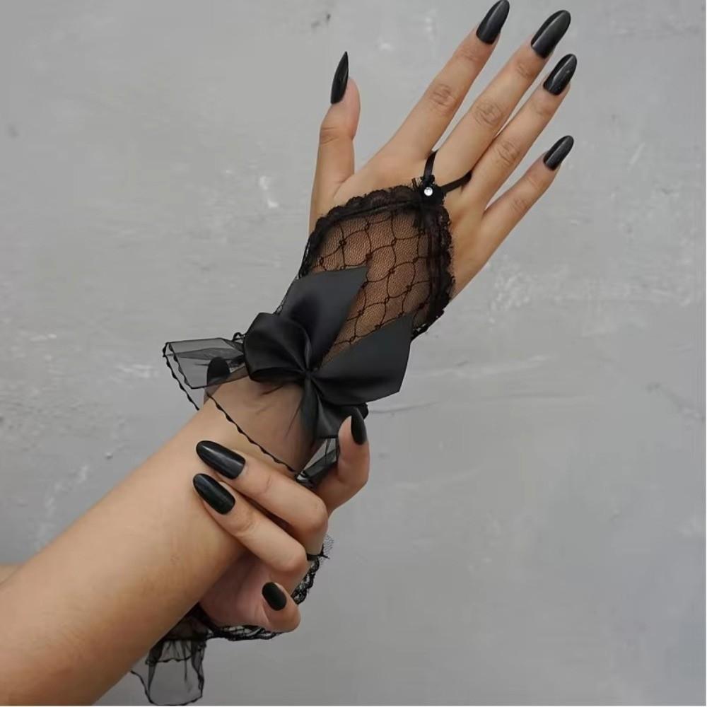 1 Pair Mesh Hollow Mesh Hand Sleeves with Handmade Ribbon Bow Bride Sheer Gloves  Bridal Wear