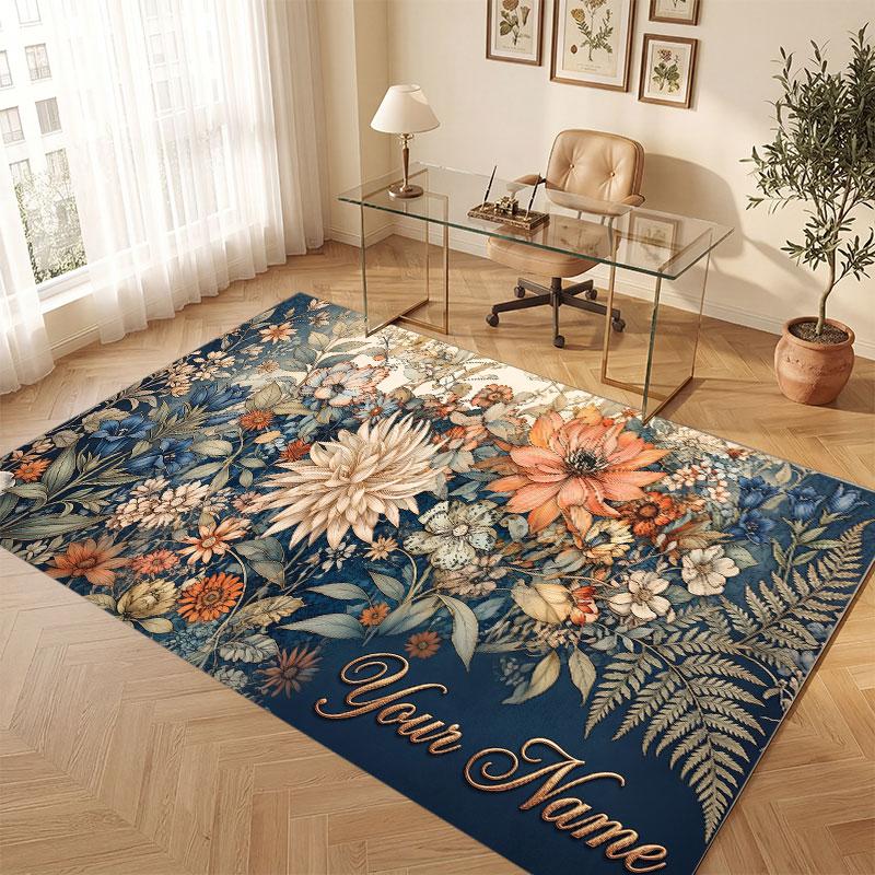 Floral Garden Theme Crystal Velvet Floor Rug Personalized Custom Name Text Warm Carpet Home Decoration