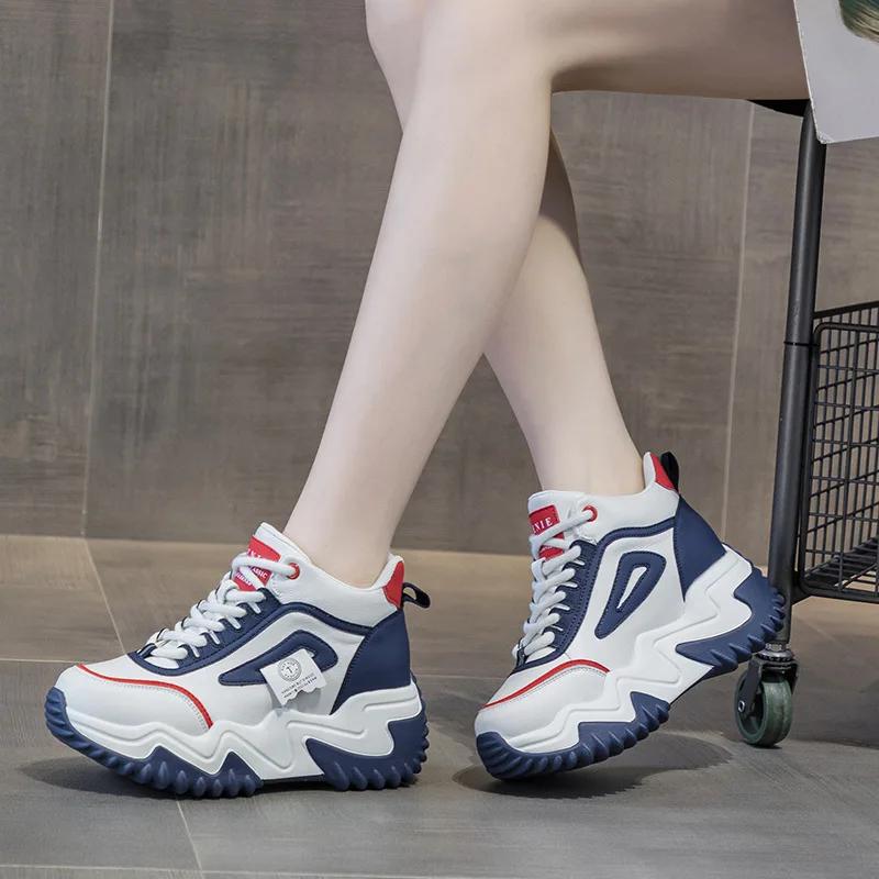 Genuine Leather 7CM Casual Sneakers Women  New Chunky Platform Sports Shoes Ladies High Heels Designer Tennis Thick Bottom