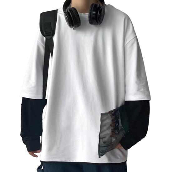 Men T-shirt Fake Two Pieces Long Sleeves O Neck Contrast Color Sweatshirt Warm Casual Plus Size Soft Hip Hop Men Top for School