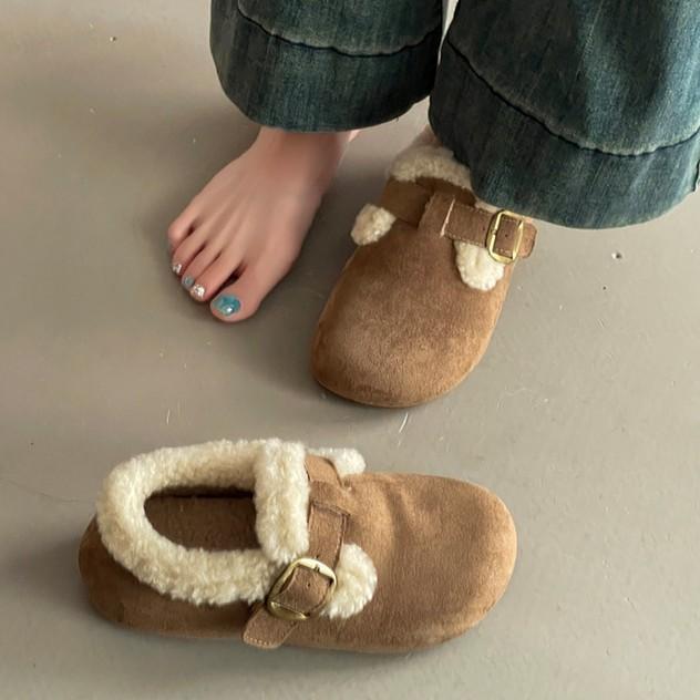Retro comfortable casual one-pedal flat shoes women's autumn and winter fashion versatile velvet warm snow cotton shoes fluffy shoes
