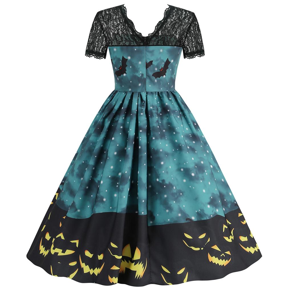 Women's Hepburn-Style Retro Lace Round Neck Short Sleeved Halloween Printed Dress