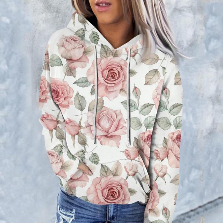 Floral Print Hooded Casual Women's Sweatshirt Fashion Long Sleeve Top