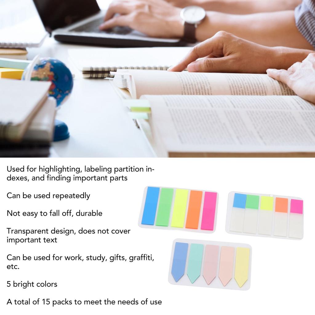 15Packs Page Markers Index Tabs 5 Iridescent Colors Key Marking Reusable Transparent PET Index Tabs for Home School Office