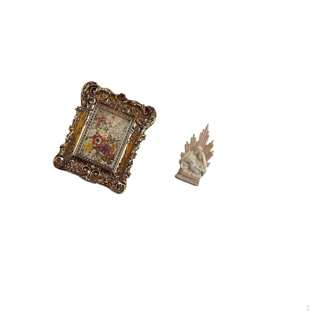 Hand Carved Floral Photo Frame And Holy Family Statue Classic Christian Catholic Sculpture Resin