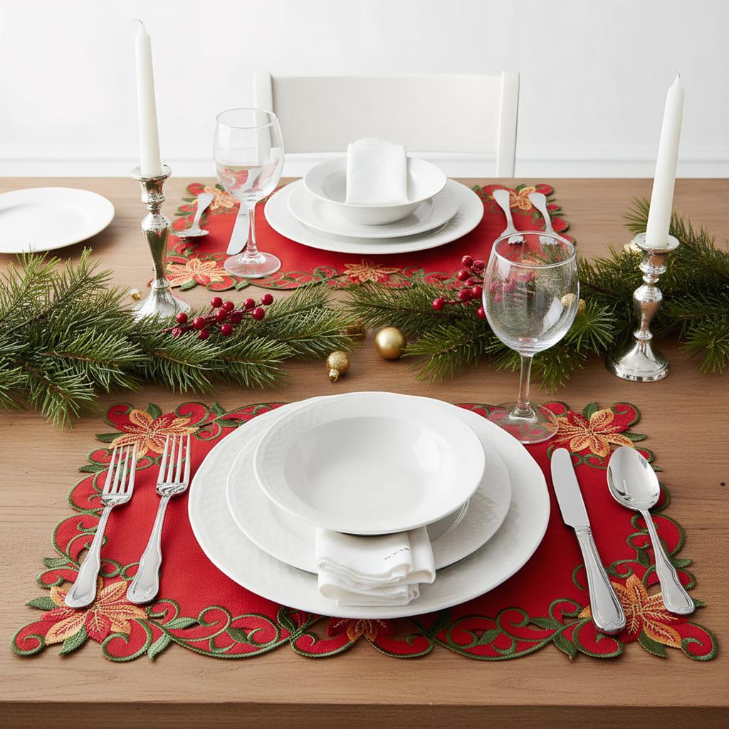4 Pcs Christmas Embroidered Flower Rectangular Red and Green Placemats 11.02x16.93inch for Party Home Kitchen Dining Table Decor