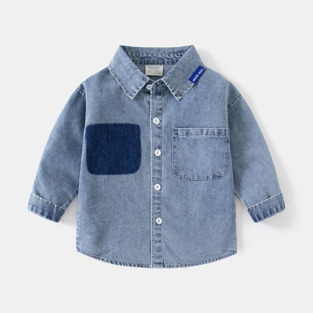 Boys Denim Shirt Long Sleeve Pocket Design Casual Button Down Collared Autumn Fashion Top Clothing for Toddler and Kids