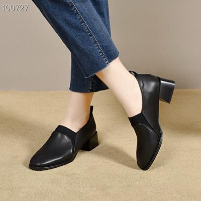Square Head Small Leather Shoes Women's 2025 Simple Temperament European and American Style Sheepskin Loafers, One Pedal, Middle Heel Elastic Mouth