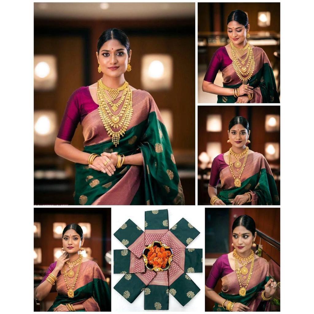 Nieuwe Lancering – Koninklijke Zachte Litchi Zijden Sari met Rijke Jacquardbinding & Elegant Pallu Ontwerp