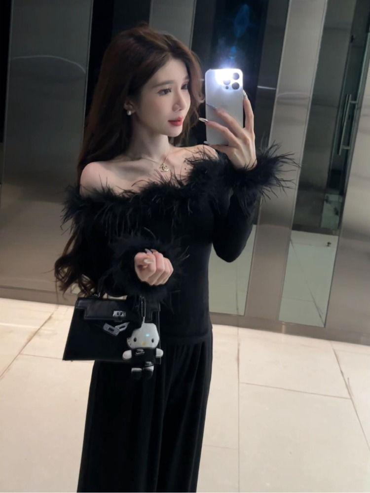 

Black Spicy Girl Off-Shoulder Knit Top with Fur Trim - Autumn/Winter Slim Fit Extra Large (XL) чёрный