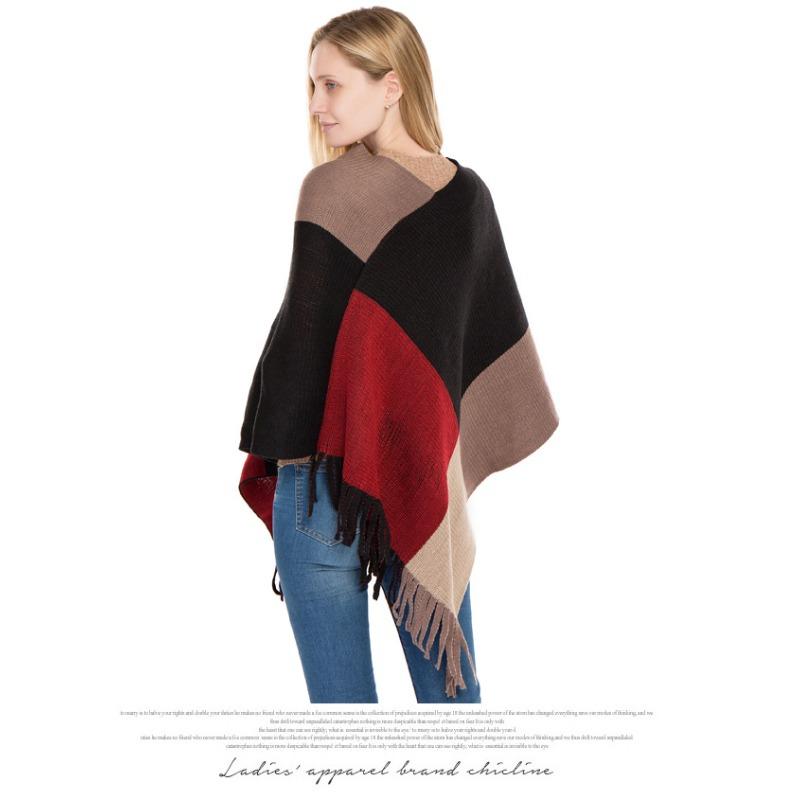 Primavera e outono feminino xale quadrado colorblocking malha borla pulôver poncho