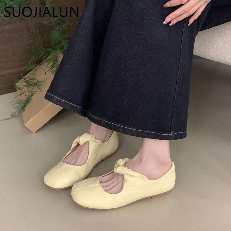 Fashion SUOJIALUN Spring New Women Flat Heel Mary Jane Shoes Fashion Round Toe Shallow Ladies Single Shoes Outdoor Dress Ballet Sheos