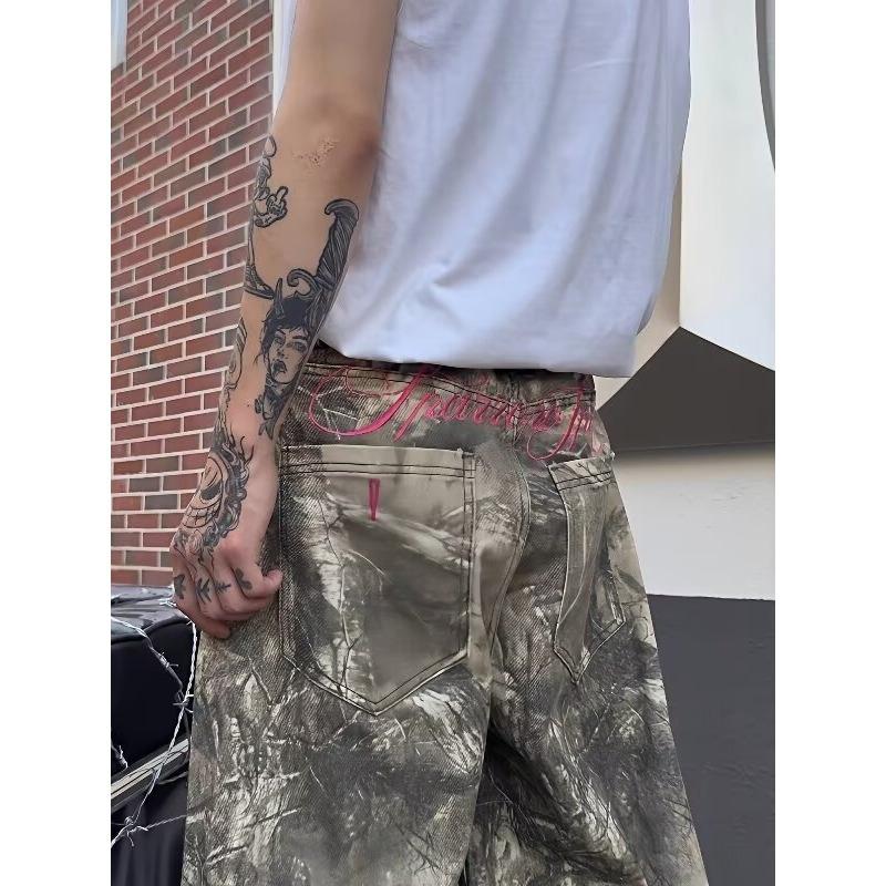 American Retro Snake Branch Camouflage Jeans Washed Retro Vintage Loose Wide Leg Casual Trousers Tide