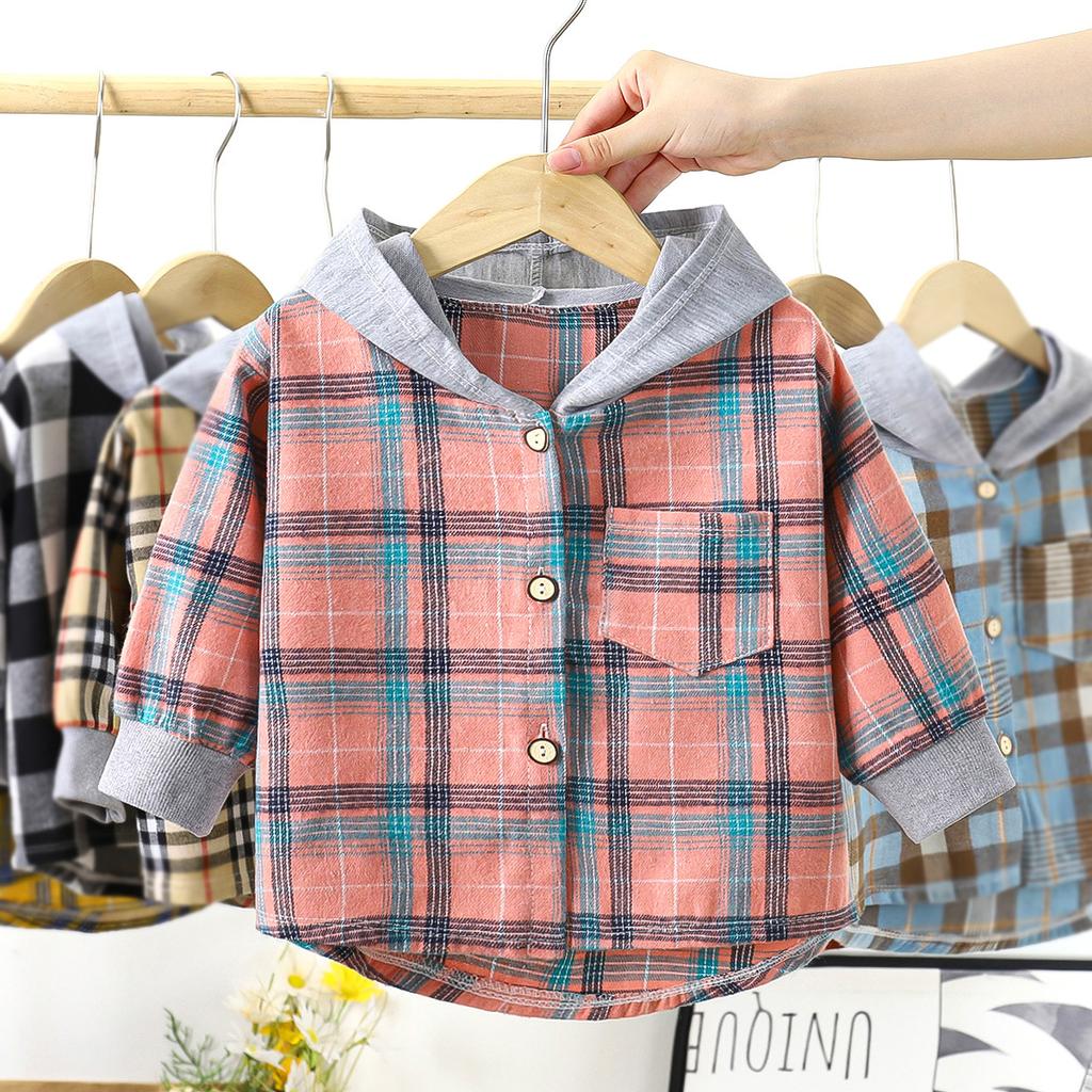 Children's Hooded Shirts Kids Clothes Baby Boys Plaid Shirts Coat Spring Autumn Girls Long Sleeve Jacket Bottoming Clothing