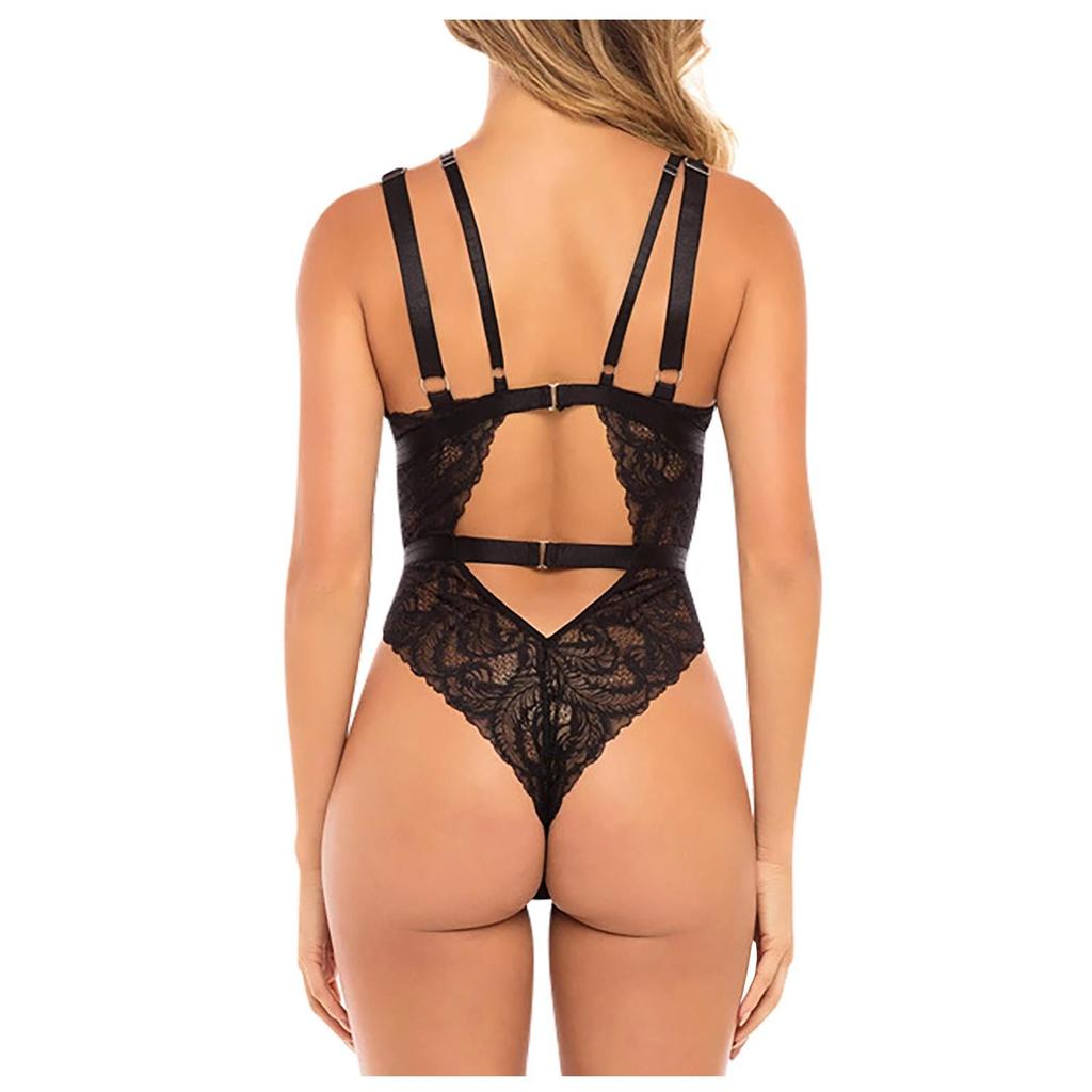 Women's Sexy Deep V Cross Ring Strap Lace One-piece Sexy Lingerie