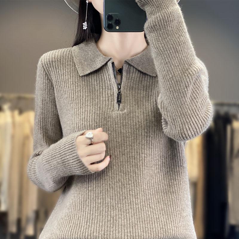 Women's Long-Sleeve Knitted Sweater with Lapel Collar for Autumn 2023 - Ideal Base Layer for Spring and Autumn