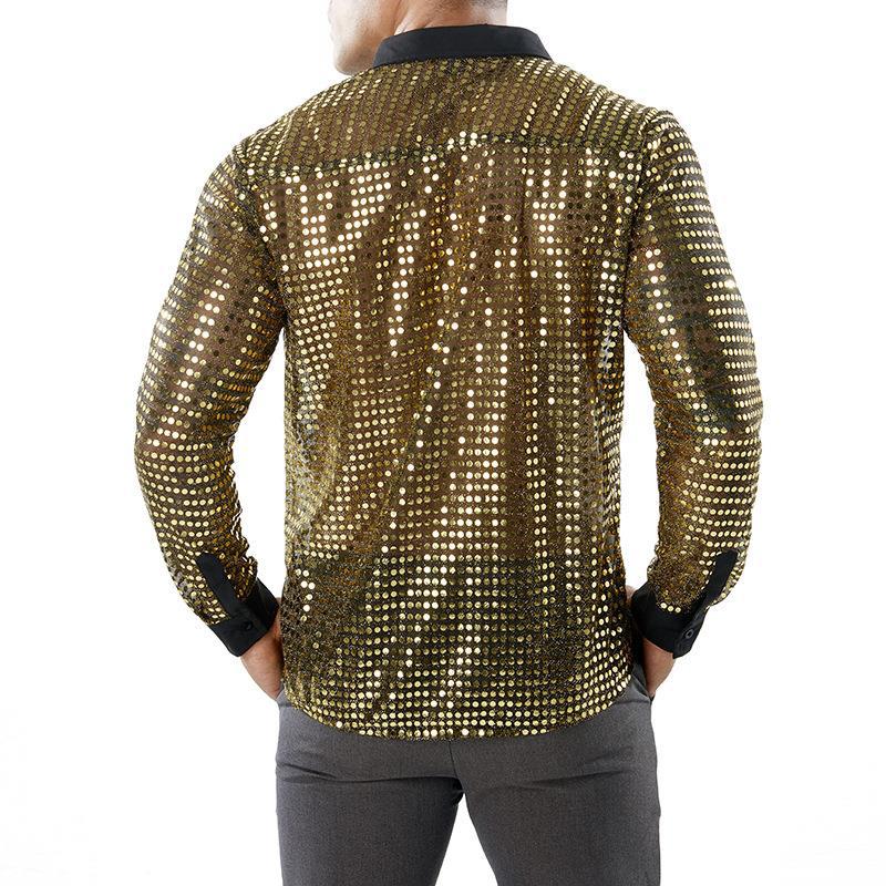 Mens Long Sleeve Performance Wear Scale Shirt Long Sleeve Collar 70s Disco Party Clothes