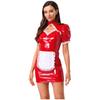 Women's French Maid Costume S-XXL - Hollow Out Lace Glossy PU Dress with Detachable Bow for Halloween Party