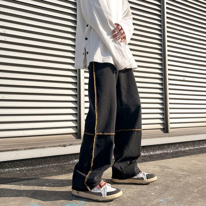 

Men s Streetwear Black Contrast Stitch Baggy Wide Leg Jeans S чорний
