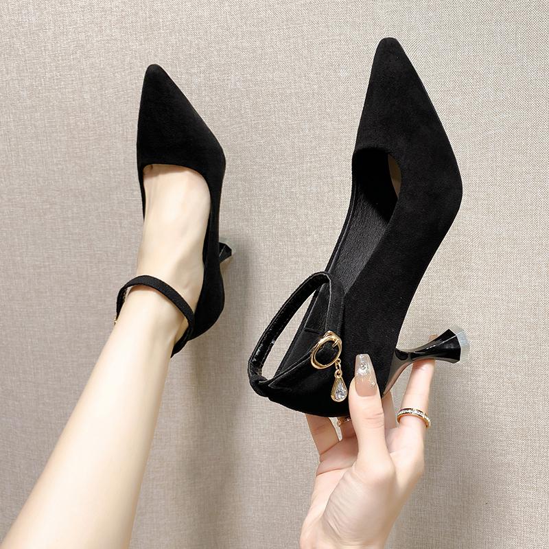 Fashion Versatile High-heeled Flats 2024 New Style 7cm Fine Track Cat's Paw Pointed Toe Single Shoe Women's Shallow Sole Summer Shoe