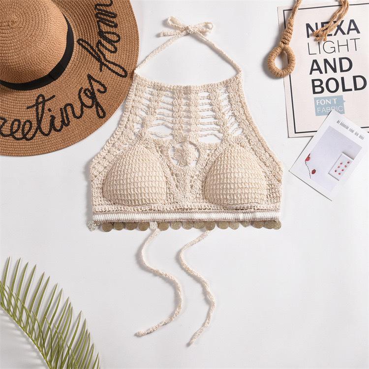 Boho Vyšívaný Top s Odhalenými Rameny, Halter Neck, Bez Zad, Trubkový Top s Hrudní Vložkou