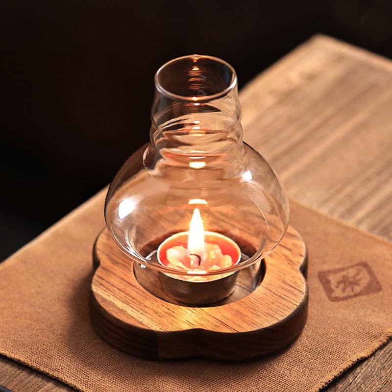 1PC With Glass Cover Weddinig Wood Candlestick Transparent Candle Holders Antique Lanterns Tabletop With Wood Base Windproof
