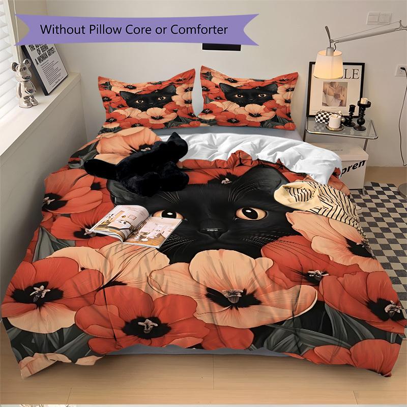 3pcs Black Cat Print Duvet Cover Set - Machine Washable, Includes 1 Cover and 2 Pillowcases, No Core Included Yy251013081