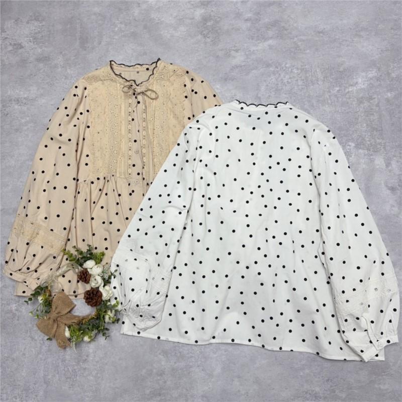 Johnature Japanese Embroidery Lace Polka Dot Shirt Spring Summer Casual Balloon Sleeve Shirt Women Loose Forest Tops