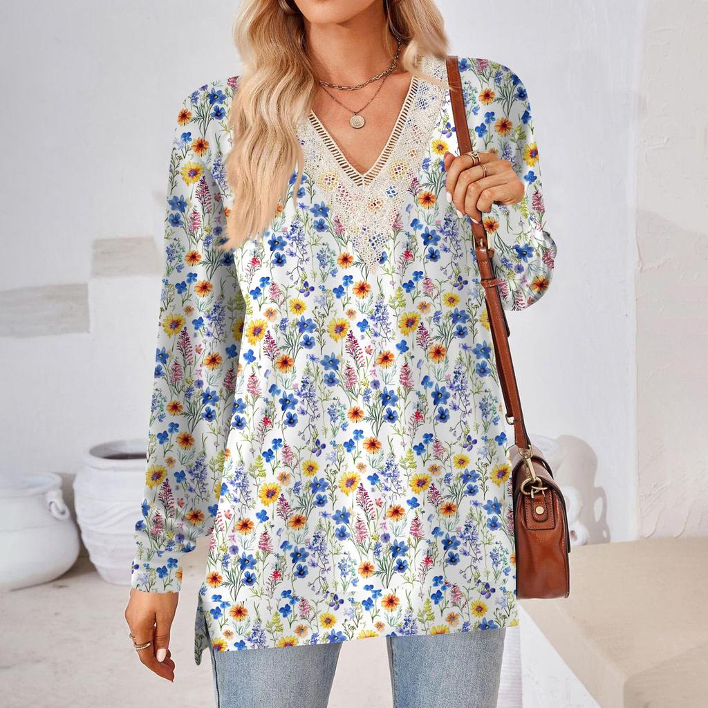Womens Tops Loose V-neck Contrast Color Split Loose Long Sleeve T-shirt Women's Tops