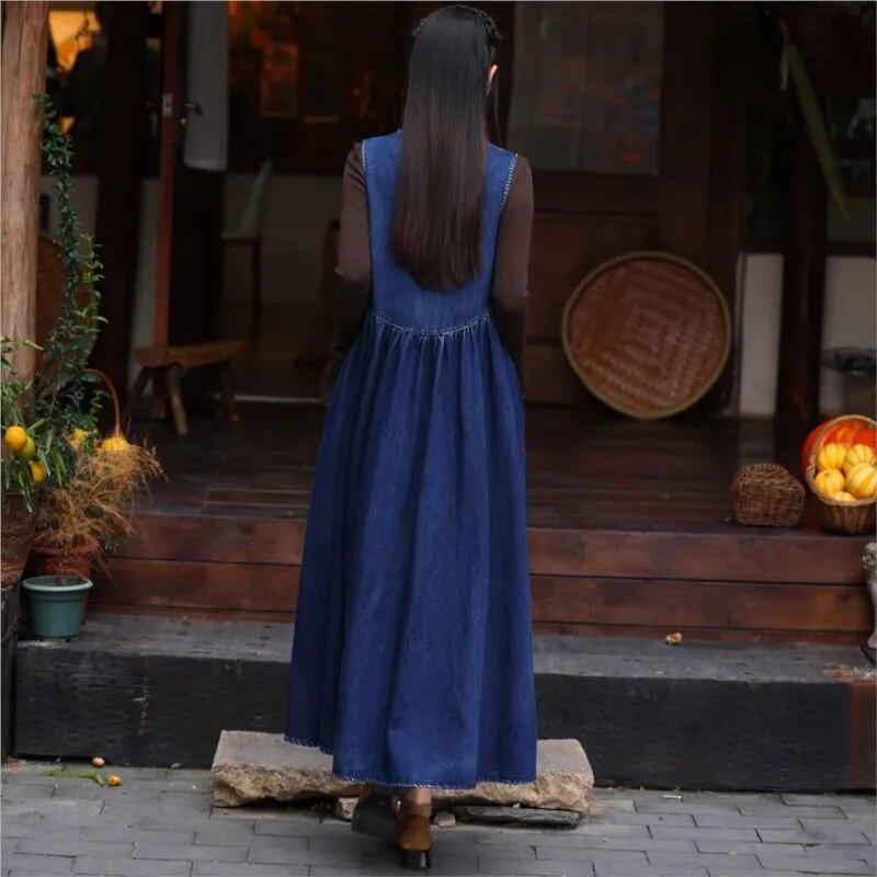 Johnature Rochie fără mâneci cu decolteu în V broderie în stil chinezesc de primăvară pentru femeie