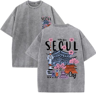Seoul Bellissimo scenario stampato T-shirt lavata femminile estate girocollo vestiti alla moda cotone manica corta casual T-shirt