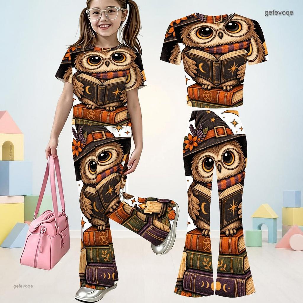 Girls Owl Book Printed Round Neck Short Sleeve Top Flared Pants Two Piece Set
