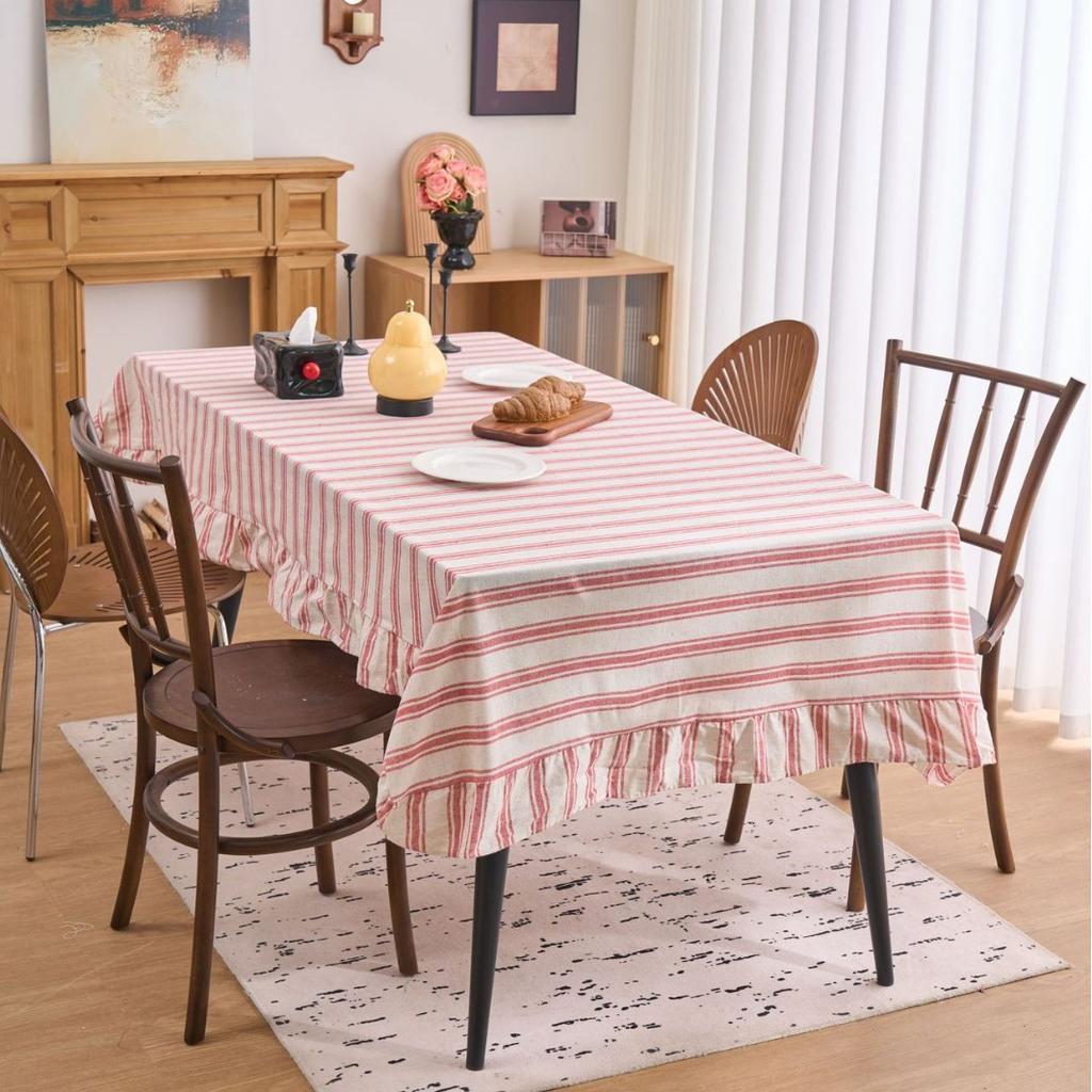 Tablecloth French Retro Striped Yarn-Dyed Cotton And Linen Ruffle Edge Striped Green Dining Table Living Room Fabric