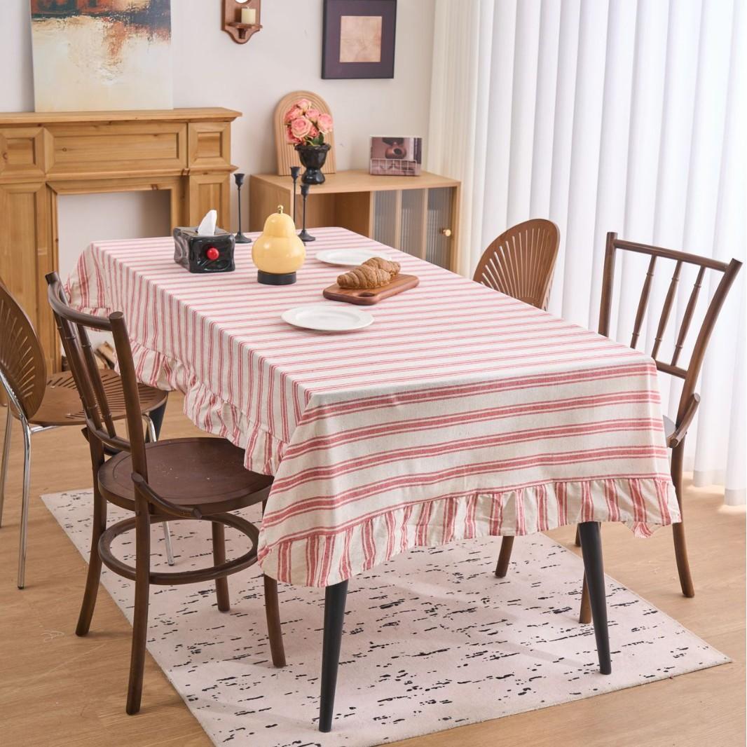 Franse Retro Katoen Linnen Streep Tafelkleed Stofdicht Kreukvrij Gerimpelde Tafelhoes voor Keuken Eettafel Decor 140x260cm