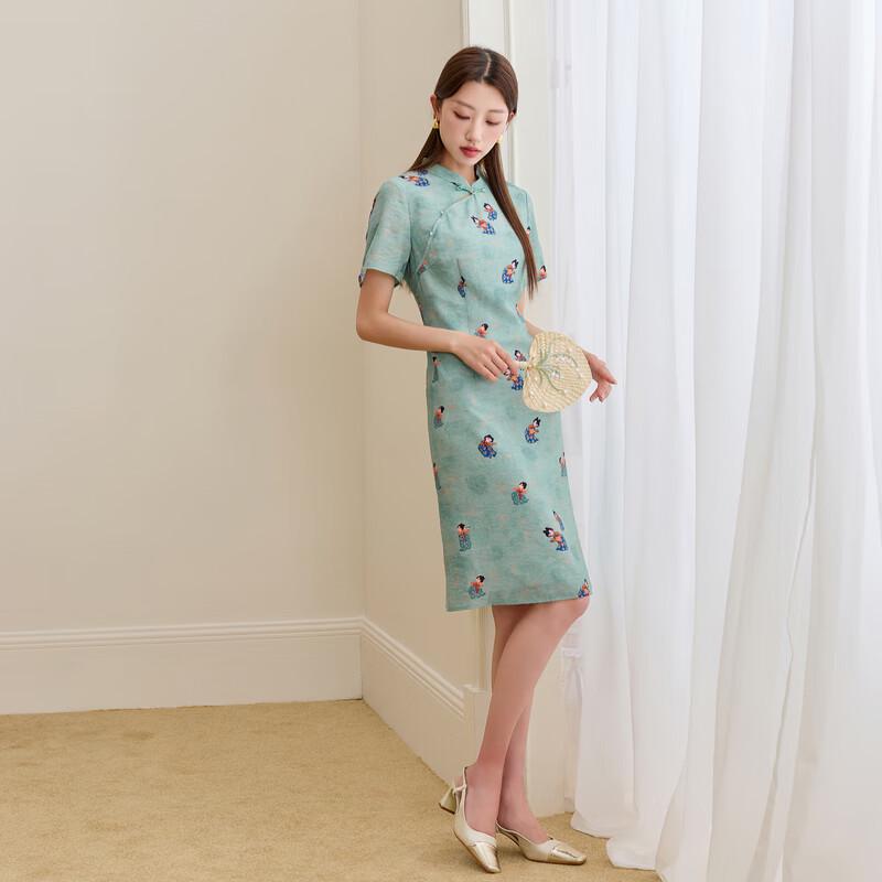 Sancai Plus Size Chinese Style Cheongsam Dress with Tang Lady Print