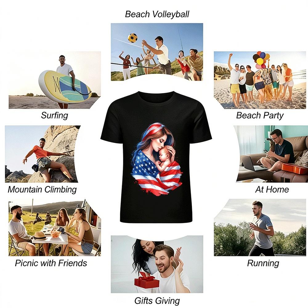 American Mother And Baby Flag Print Casual Top Pure cotton T-shirt