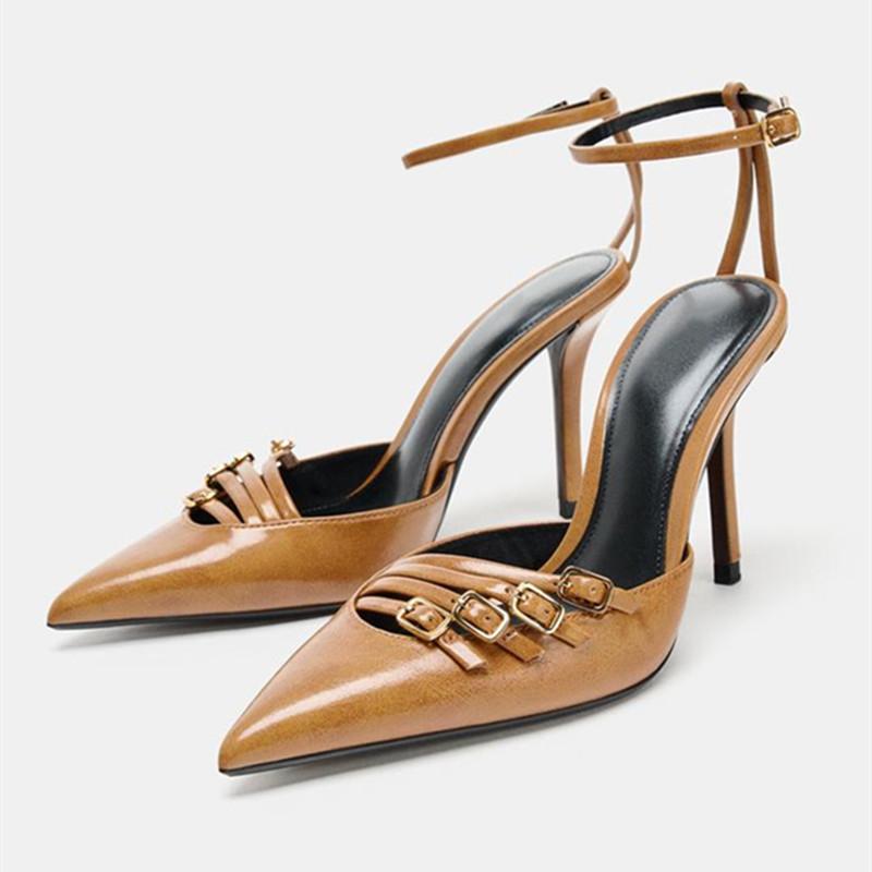 

Brown Narrow Band Buckle Decorate Pumps Women Fashion Pointed Toe Ankle Strap Thin Heel Designer Shoes Elegant Party Dress Shoes 35 коричневый