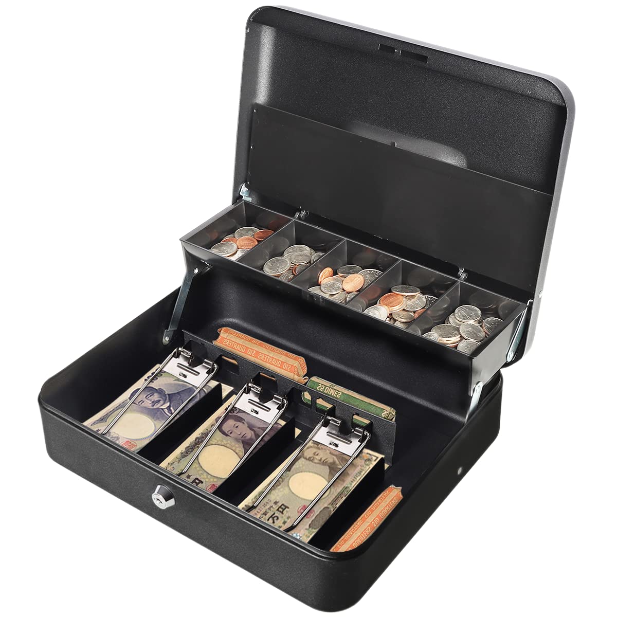 

Tomori Metal Handheld Safe with Coin Purse, Three Spring Clips, Key Lock, Piggy Bank, and Banknote Organizer (Black, Key Lock)