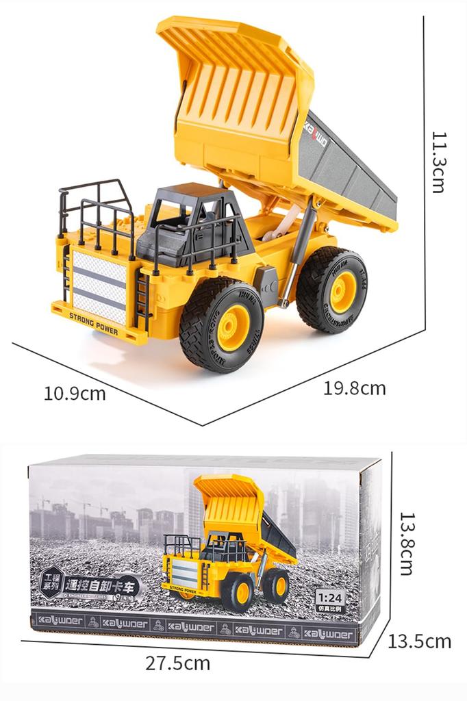 124 Scale RC Dump Truck, Engineering Vehicle, 2.4GHz, 360° Rotating LED Light, Alloy Reinforced, for Kids, Indoor Play, Birthday Gift for Boys, Gift